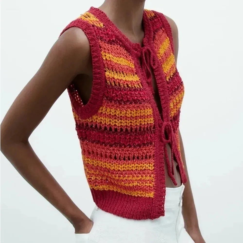 Zara Tie Front Bows tank top knit crochet red orange ganni trendy summer coverup - Image 2