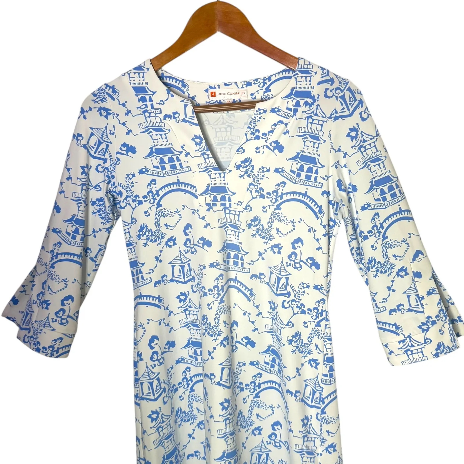 Jude Connally Megan Short Dress Chinoiserie Print Asian Artsy Size XS Blue White - Image 5