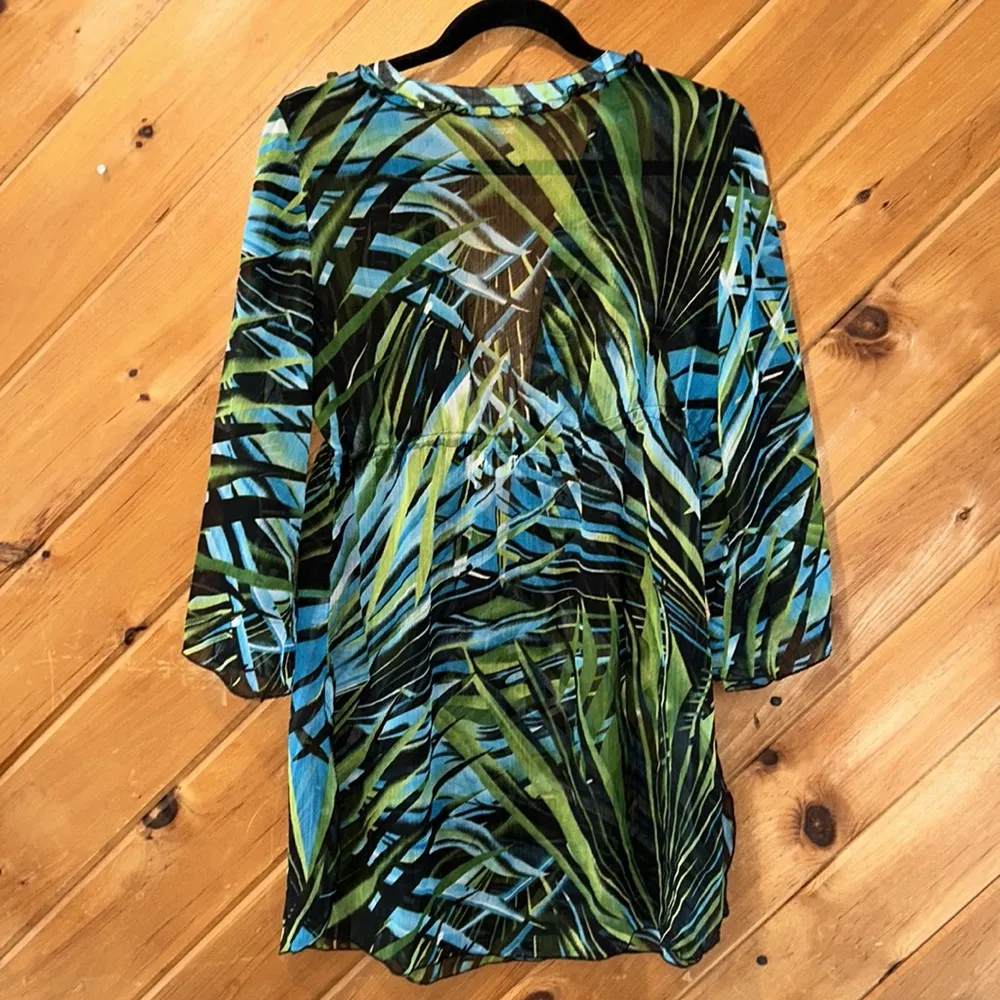 Peppermint bay tropical palm leaves sheer swim coverup Blue Size L - Image 6