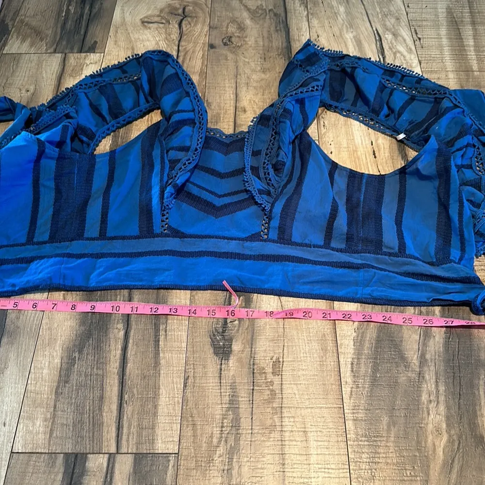 Free People Women’s XL New On a Yacht Blouse Blue Ruffle Backless Tie Crop Boho - Image 5