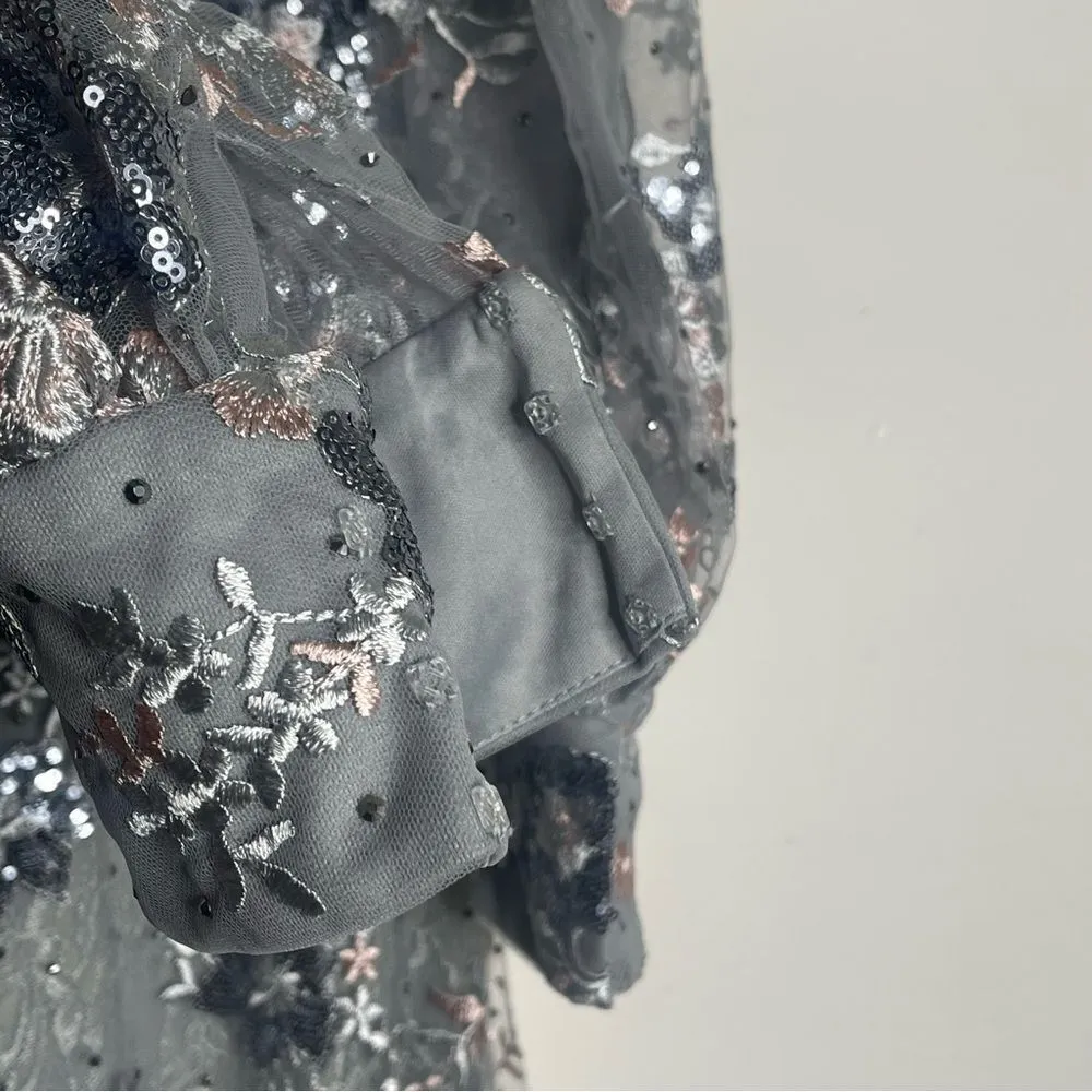 Mac Duggal 67936 Size 12 Bishop Sleeve Embroidered Mermaid Platinum Dress - Image 11