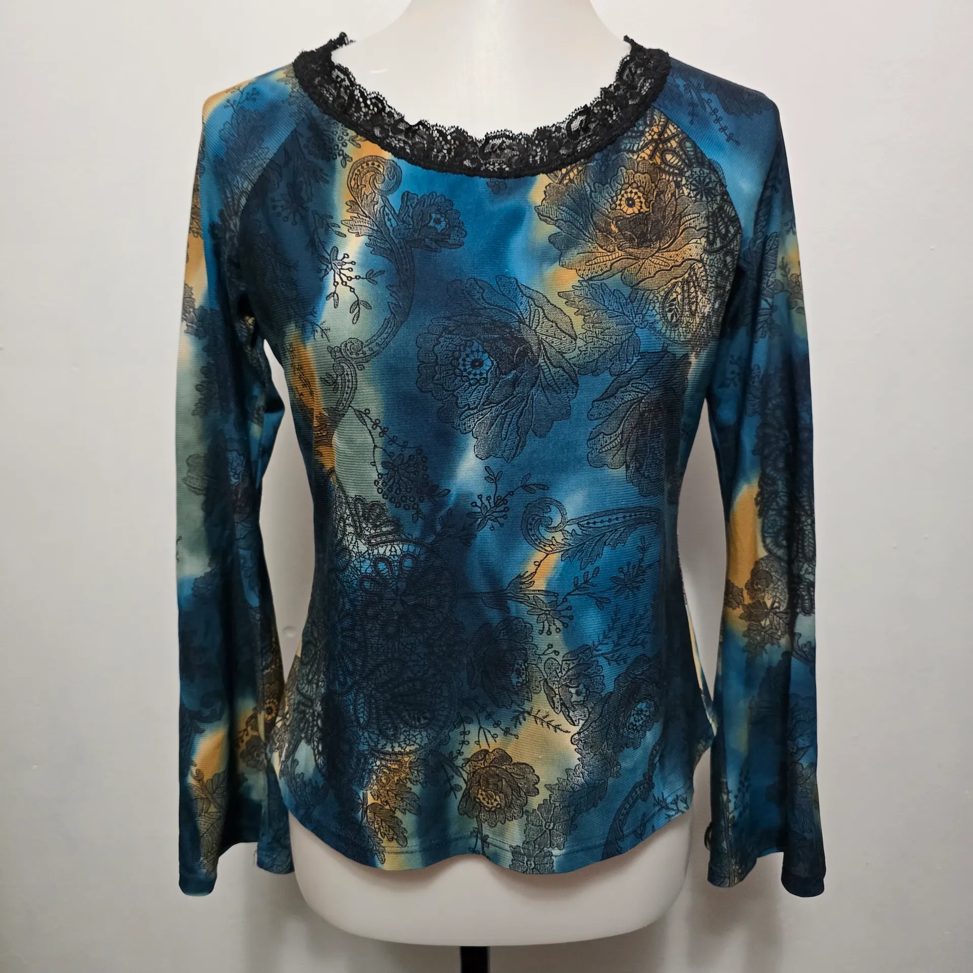 Vintage Educe 90s Teal Baroque Floral Lace Trim Mesh Top Medium Rave Club Moody Blue - Image 2