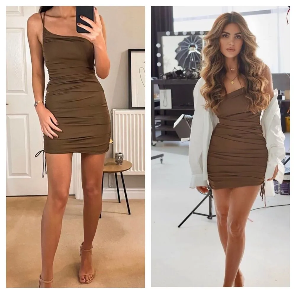 Zara Brown Asymmetric Draped Cut Out Ruched Mini Dress Size XS 7733/075 - Image 15