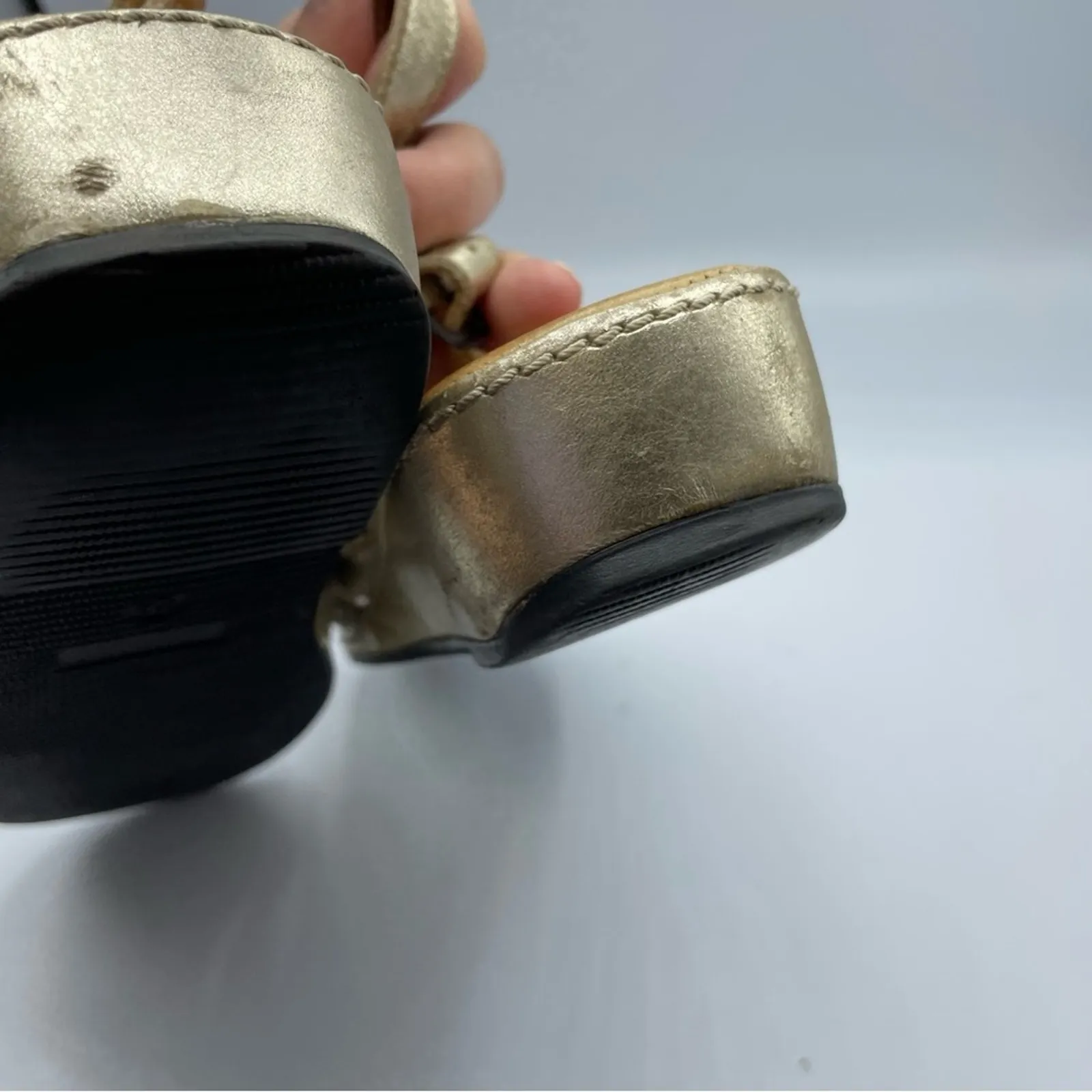 La Plume Gold Leather Wedge Sandals Womens 38 Strappy Comfort Shoes Beachy Size 7.5 - Image 10