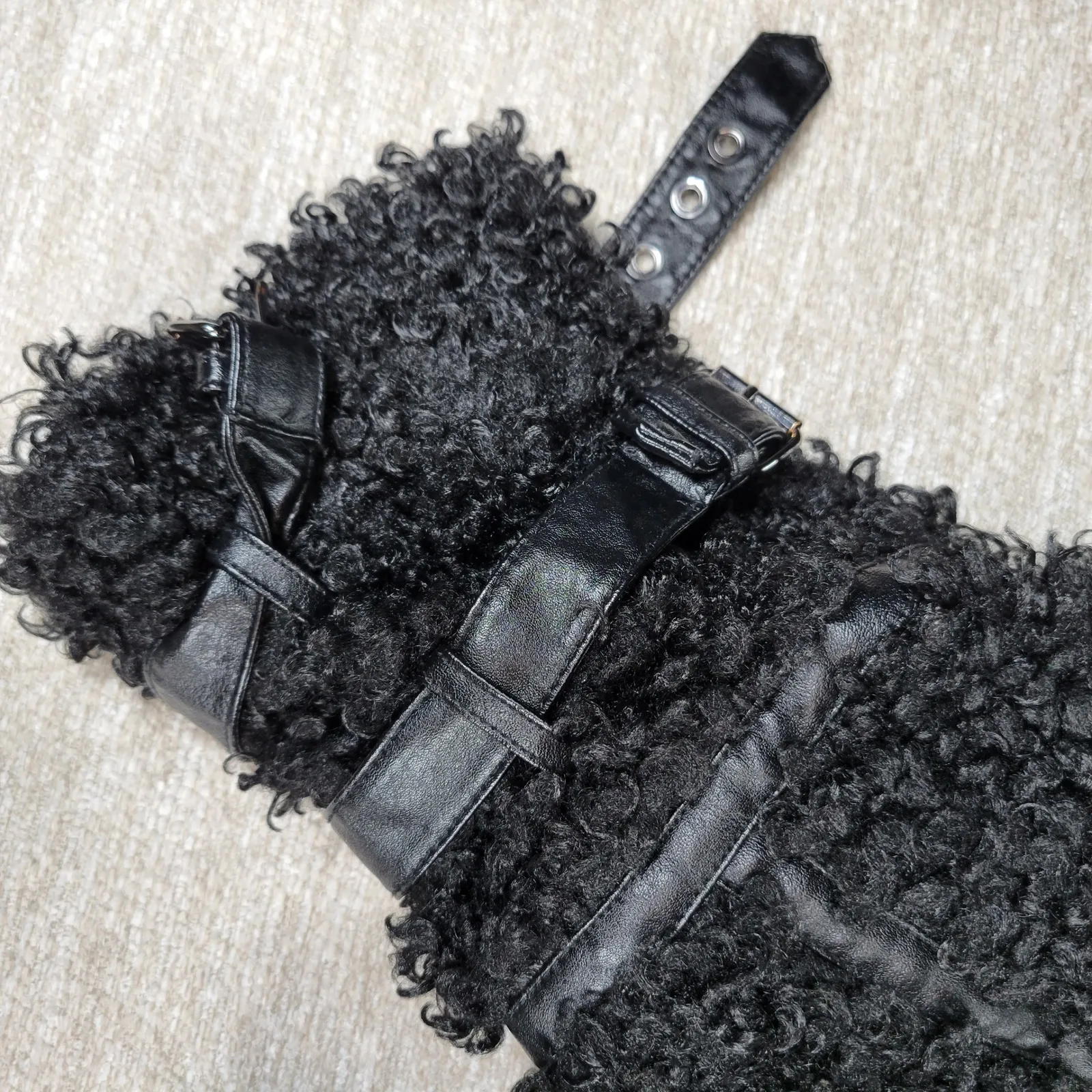 dh NEW YORK Moto Jacket Womens Med Black Curly Faux Fur Leather Trim Buckles - Image 11