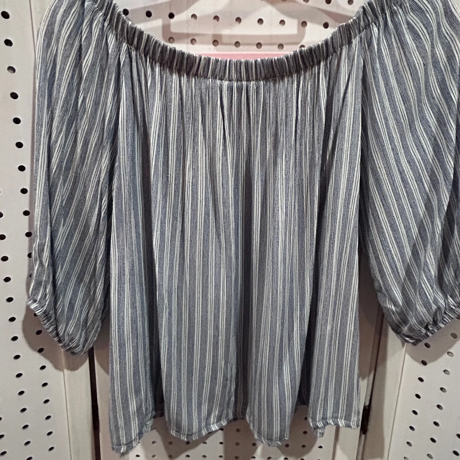 Polly & Esther Off The Shoulder Striped Blouse 3/4 Sleeve Smocked Neckline S - Image 6