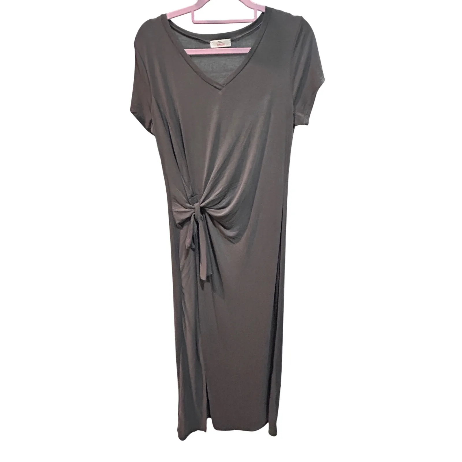 Modal‎ Hummingbird V Neck Knit Maxi Dress Tie Waist Short Sleeve Gray Size L - Image 2