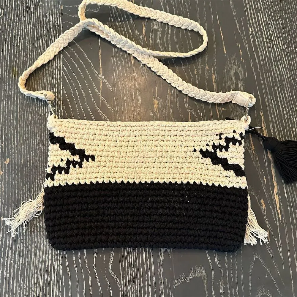 Bohemian Woven Sling Bag Black & White with Fringe & Braided purse - Image 5