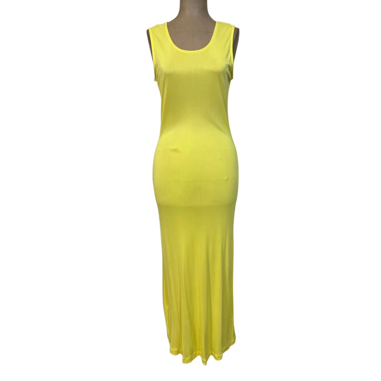 Versace V2 Vintage Maxi Dress Yellow Rayon Scoop Neck Sleeveless sz 44 Medium 8 - Image 3