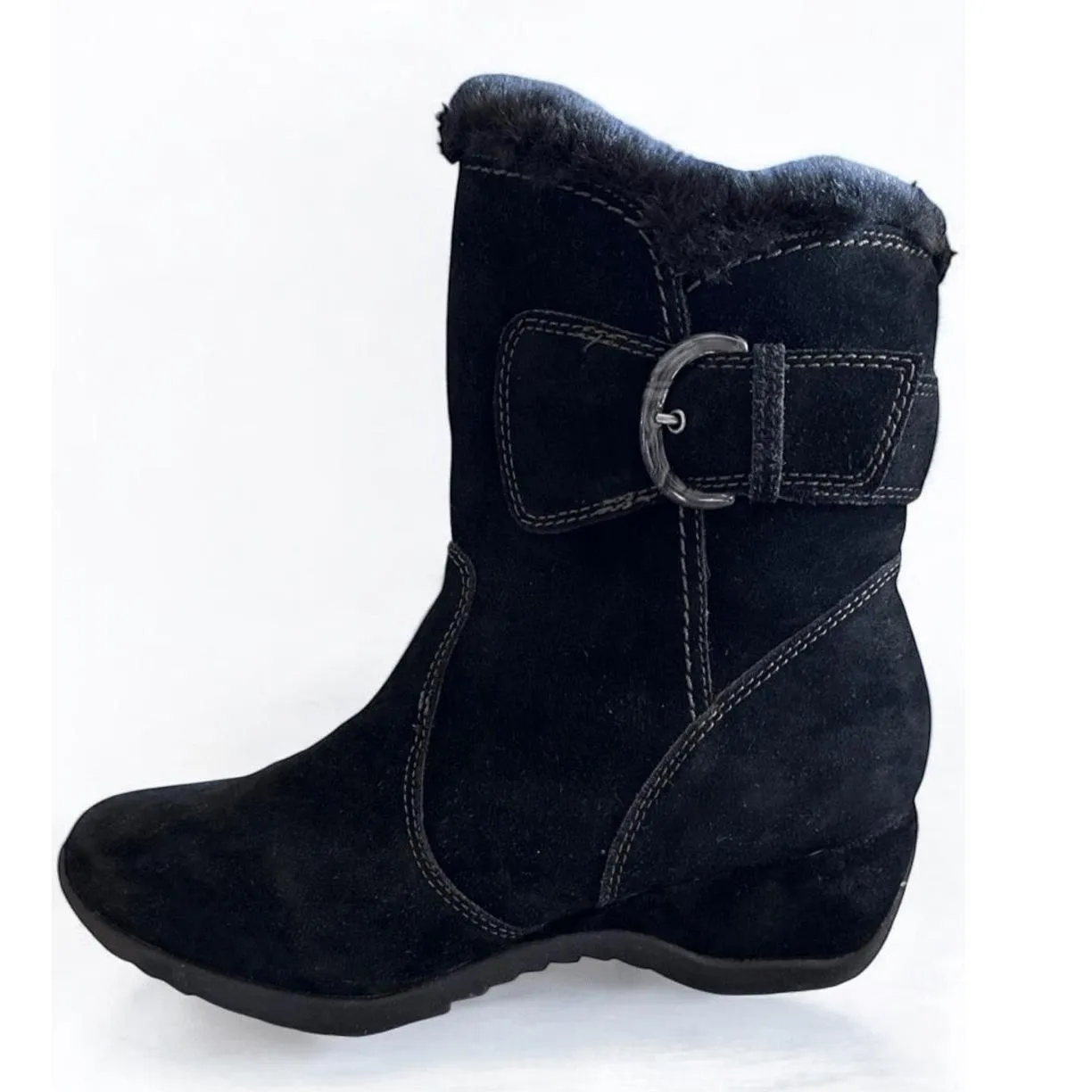 Brilliant Womens Size 8 Black Suede Leather Ankle Snow Boots Zipper Winter - Image 3