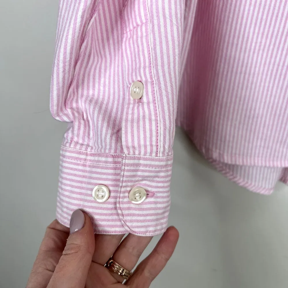 Vintage Women's Bugle Boy Pink & White Striped Button Down Preppy Academia Shirt - Image 2