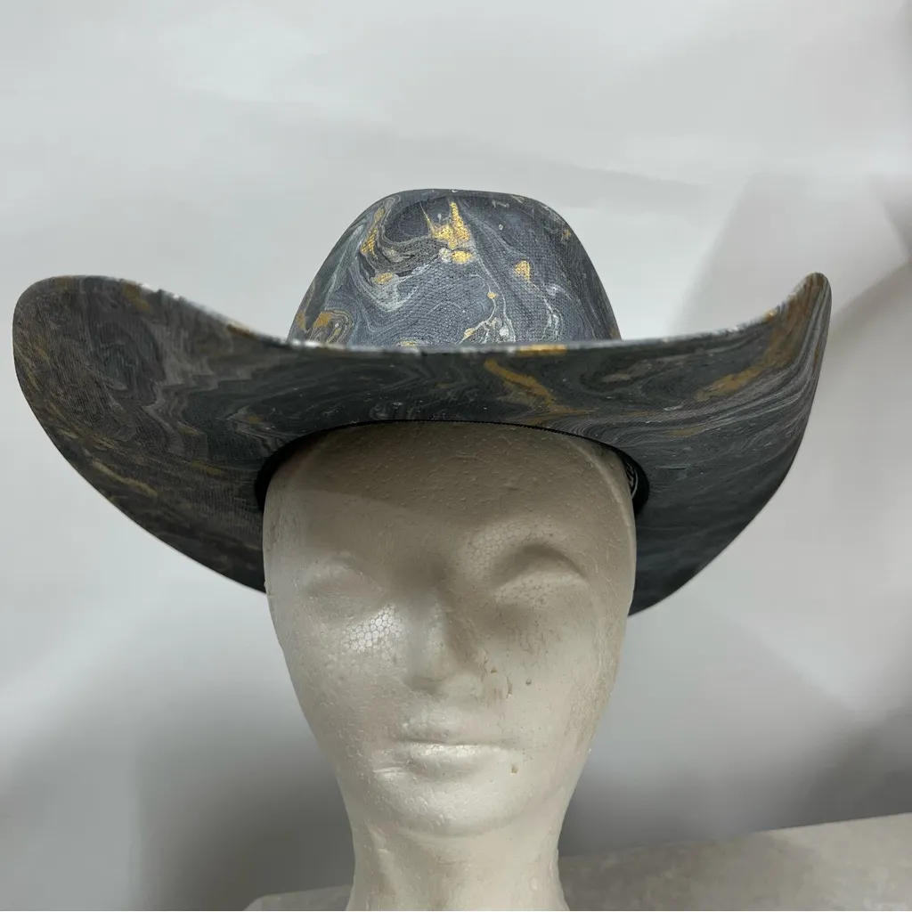 Distressed marble gold glazed Cowboy Hat w/Brown Leather Star concho Band unisex Blue Size M - Image 3