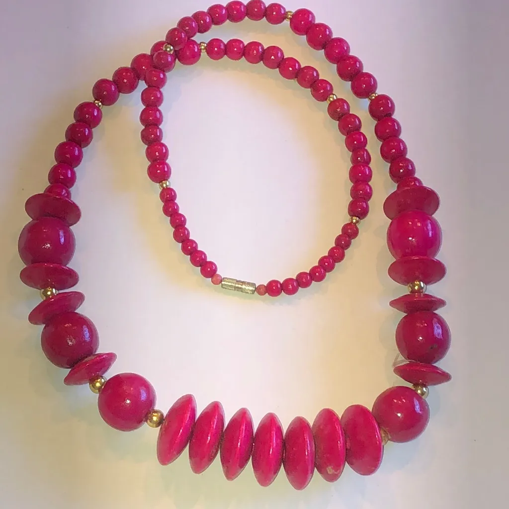 Elegant Vintage Pink Wooden Beaded Boho Retro Necklace Gold - Image 7