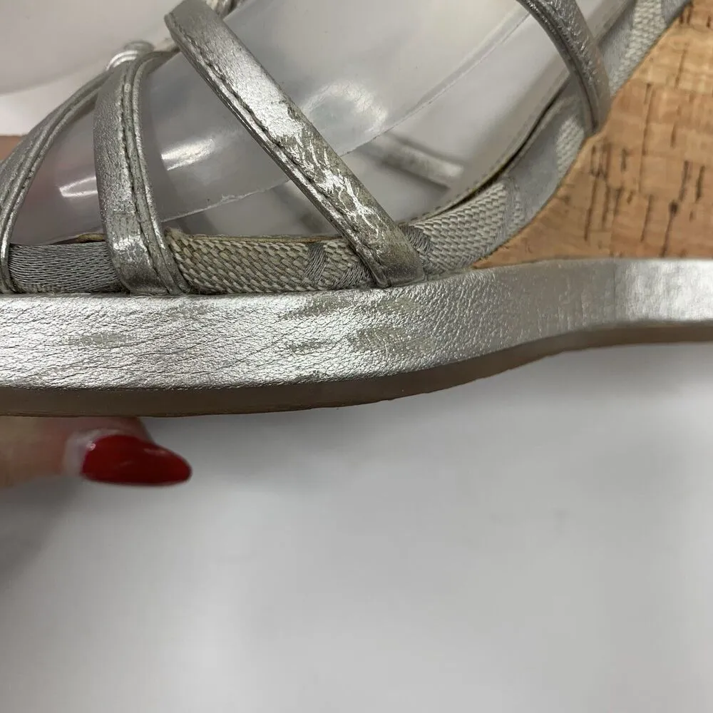 Coach Sz 8.5 Wedge Silver Joslin Strappy Cork Heel Leather Sandals Shoes Women’s - Image 4