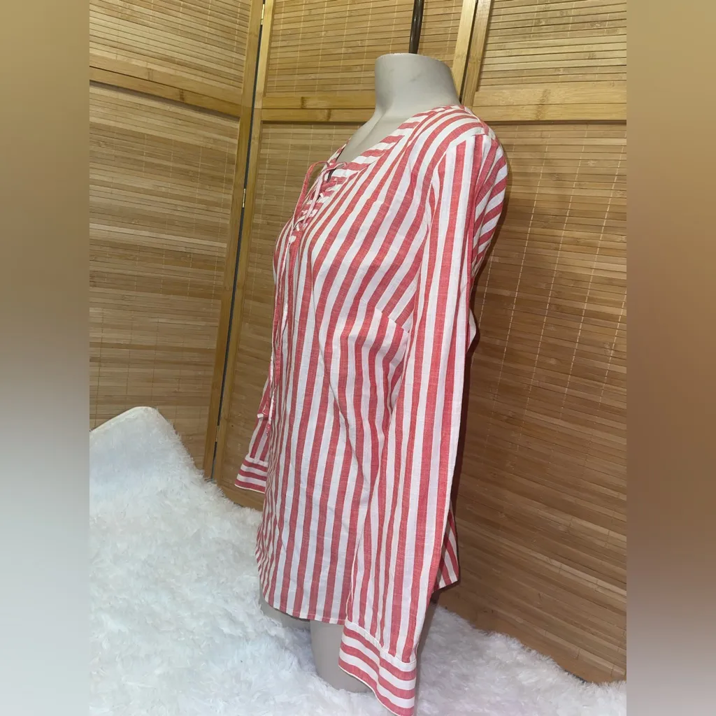 Style & Co. red white stripe long sleeve blouse shirt top lace up neckline M NWT - Image 3