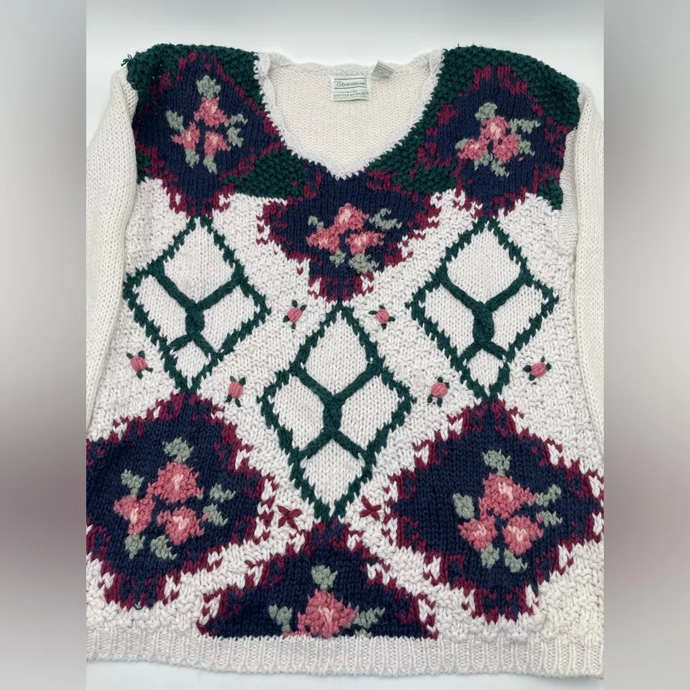 Vtg Shenanigans Sz Medium Hand Knitted Floral Sweater Cottage Grandma 80s 90s White - Image 9