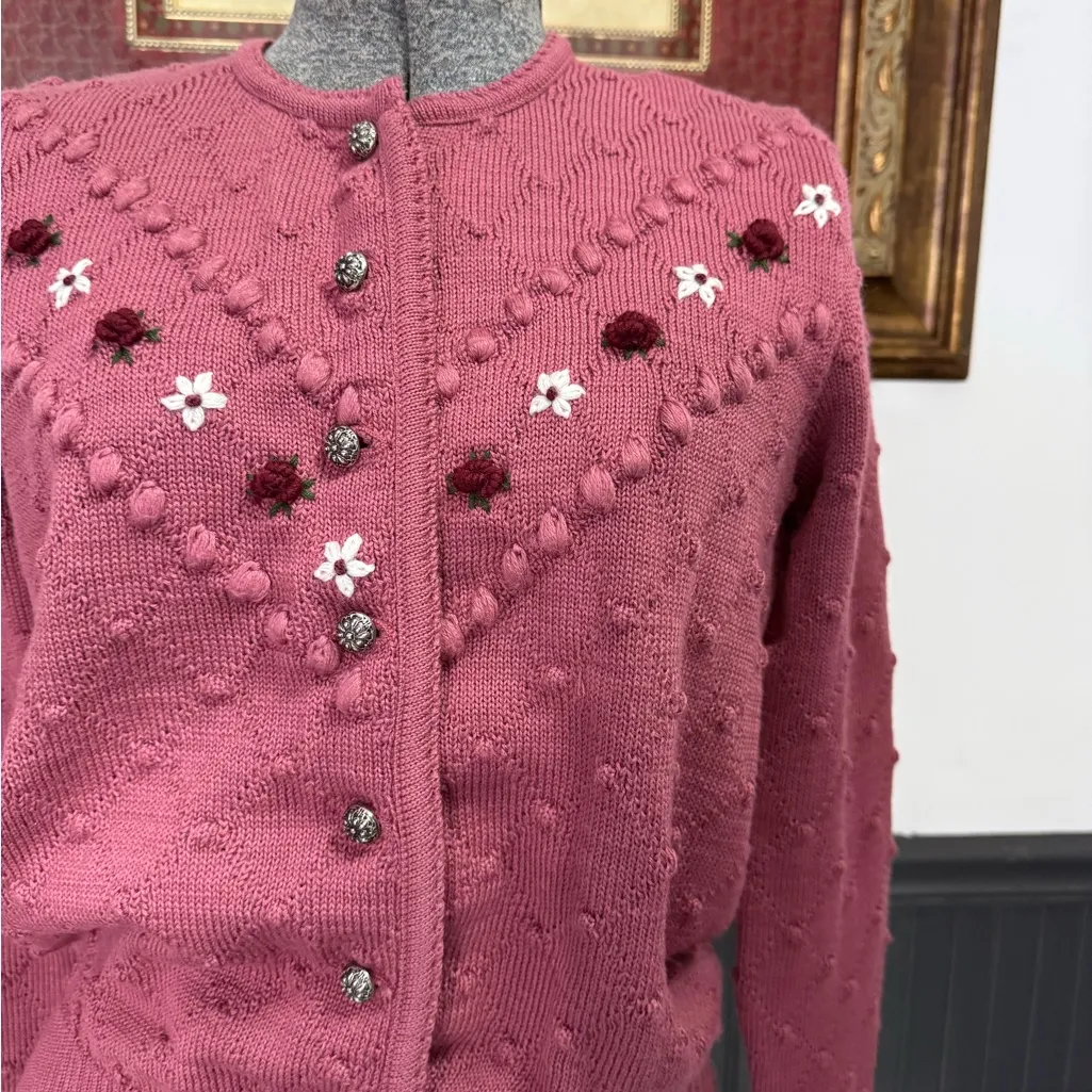 Vintage Pfister Austrian Trachten Embroidered Bobble Knit Cardigan Sz S/M 💛🍄 Pink - Image 2