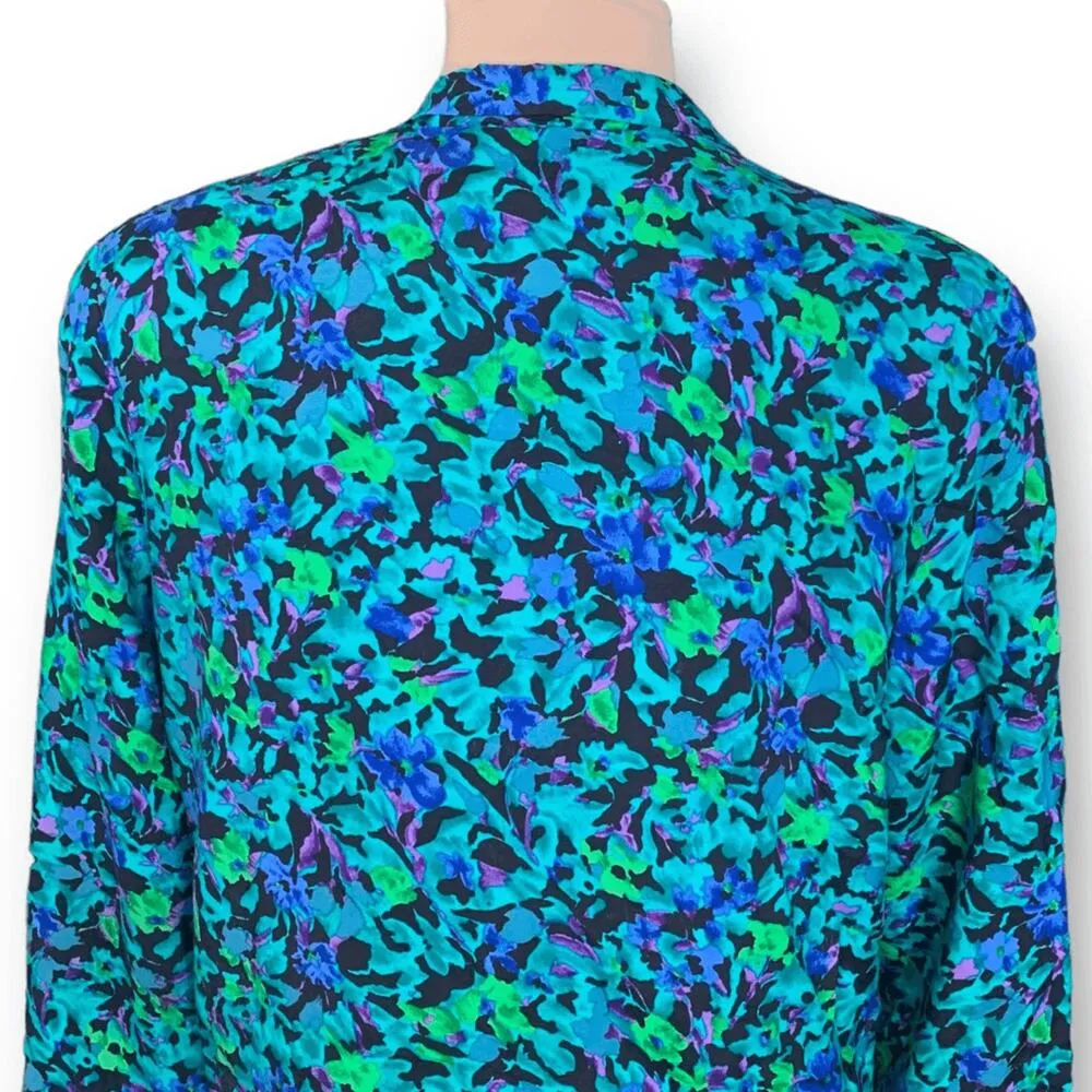 Vintage 90s Blazer Jacket Aqua Blue Purple Floral Print USA Made Oversized Green Size 12 - Image 7