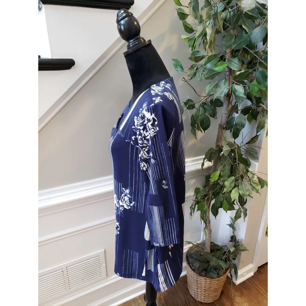 Women's JM Collection S Navy White Floral Stripe Cutout Neck Top 3/4 Sleeve - Image 6