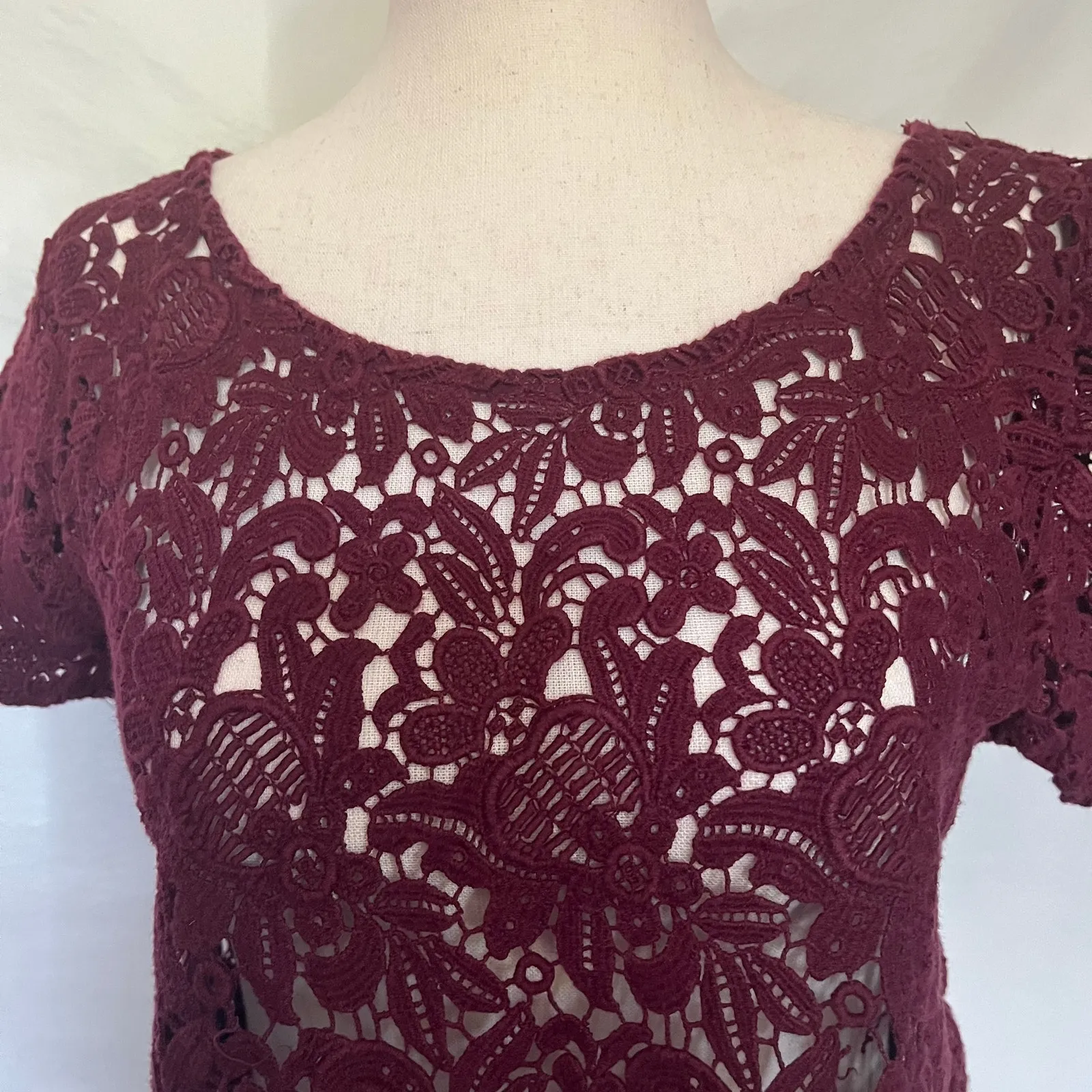Abercrombie & Fitch Y2K Lace Crop Women Top XS Festival Coquette Burgundy Boho - Image 2