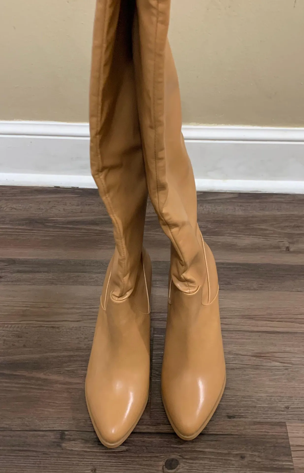 Tan Vegan Leather Heeled Stovepipe Boots - Image 6