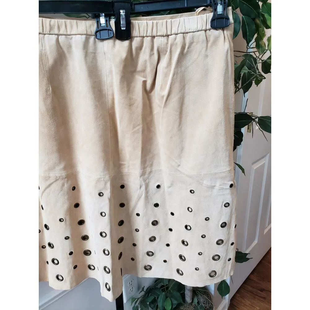 Terry Lewis Mini Skirt Women Size 18P Beige Solid Leather Grommet Lined Side Zip - Image 10