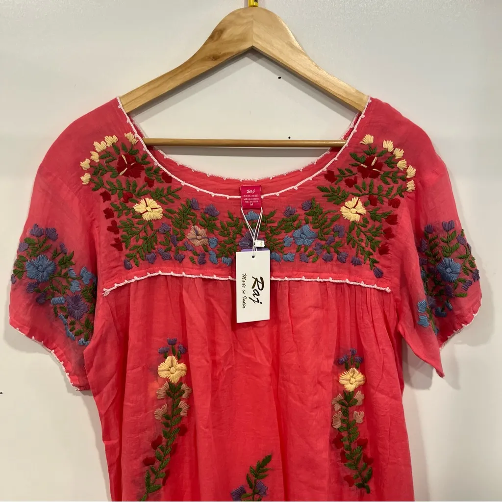 Raj Tunic Embroidered Coral Floral 100% Cotton Dress Sz M NWT Boho Cottagecore Pink Size M - Image 2