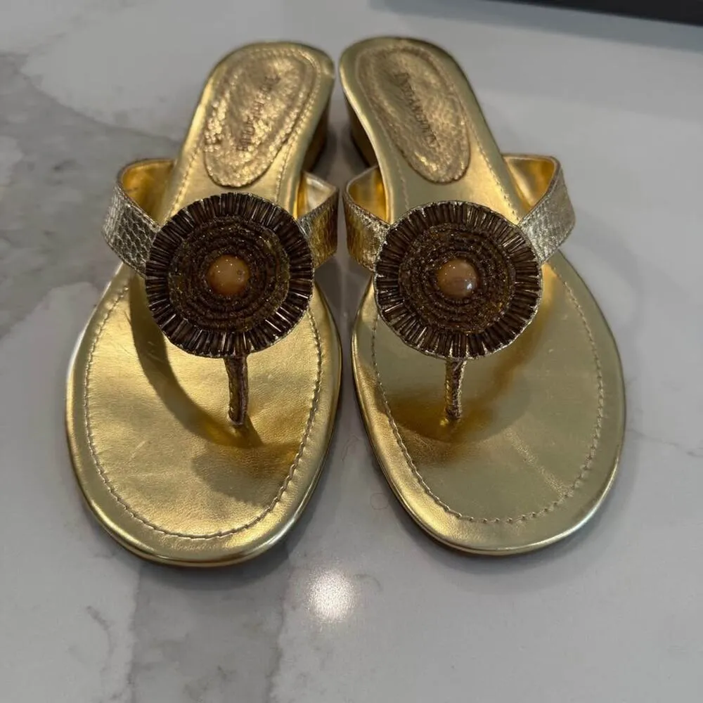 Enzo Angiolini Eanetta Sandals Women's 8 Stacked Wedge Heel Jeweled Beaded Gold - Image 3