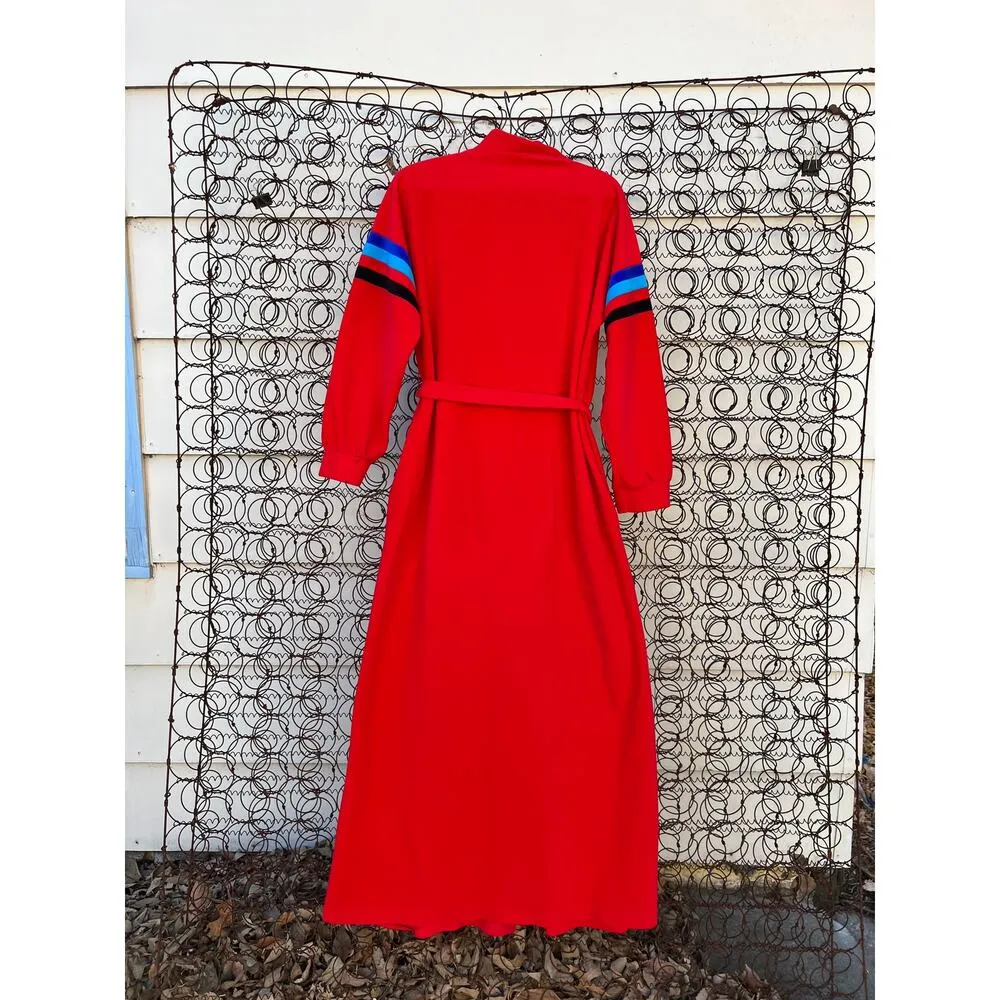 Vanity Fair red blue fleece velvet color block long bathrobe house coat SMALLa - Image 3