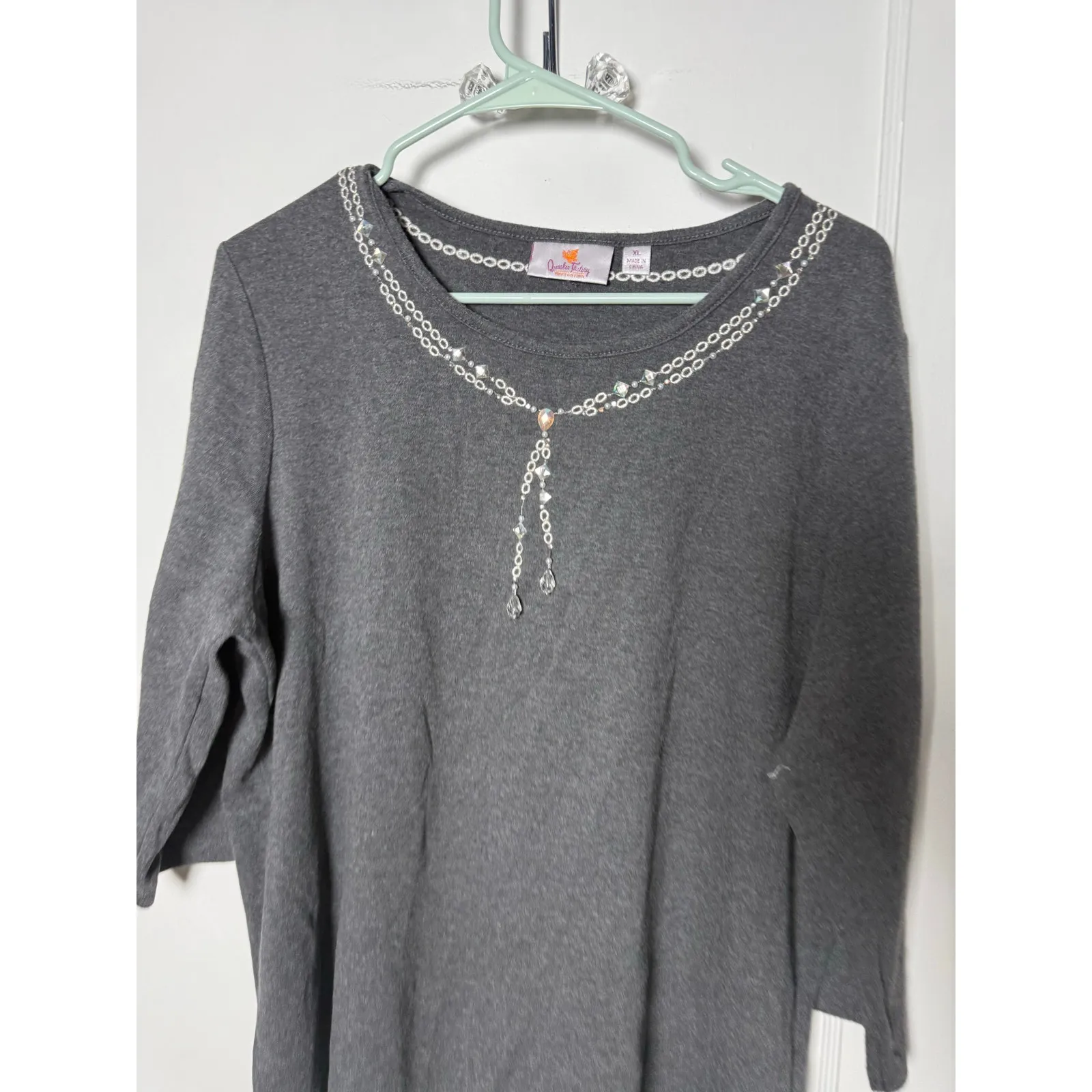 Quacker Factory Gray Beaded 3/4 Sleeve Embellished Glam T-shirt Women's XL - Image 2