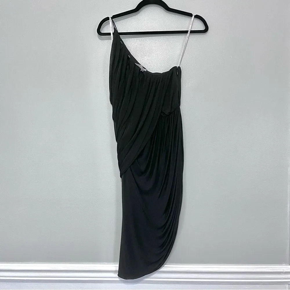 Black One Shoulder Draped Asymmetrical Dress Small - Image 3