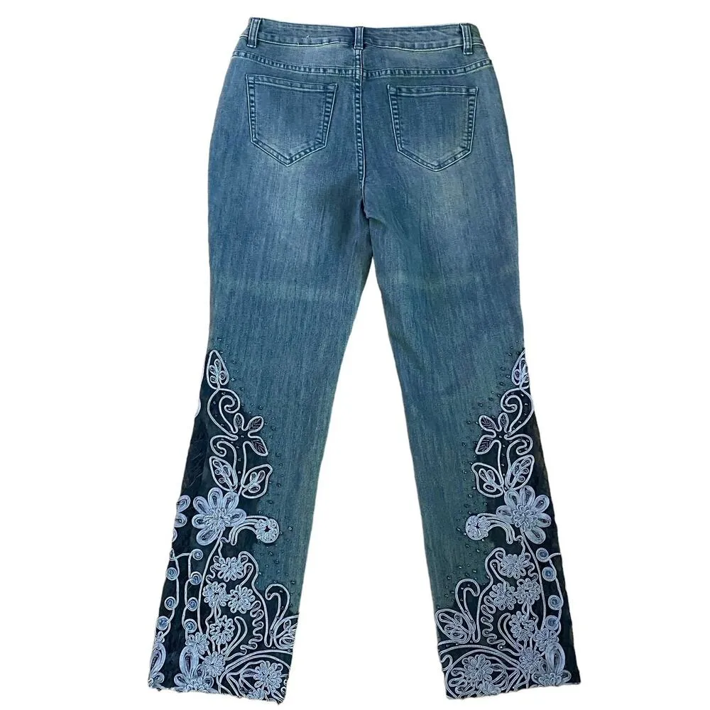 Soft Surroundings Size 4 Standout Denim Pants Jeans Appliqué Lace Beaded - Image 2