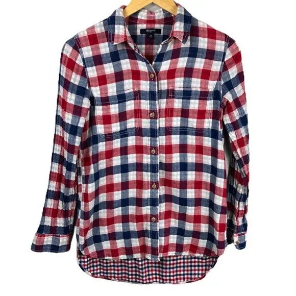 Madewell Red White & Blue Ex-boyfriend Emmett Check Pattern Button Shirt-XS - Image 3