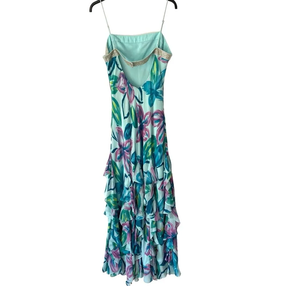 BcbgMaxazria Silk Long Maxi Sequin Blue Watercolor Open Back Dress Gown size 10 - Image 4