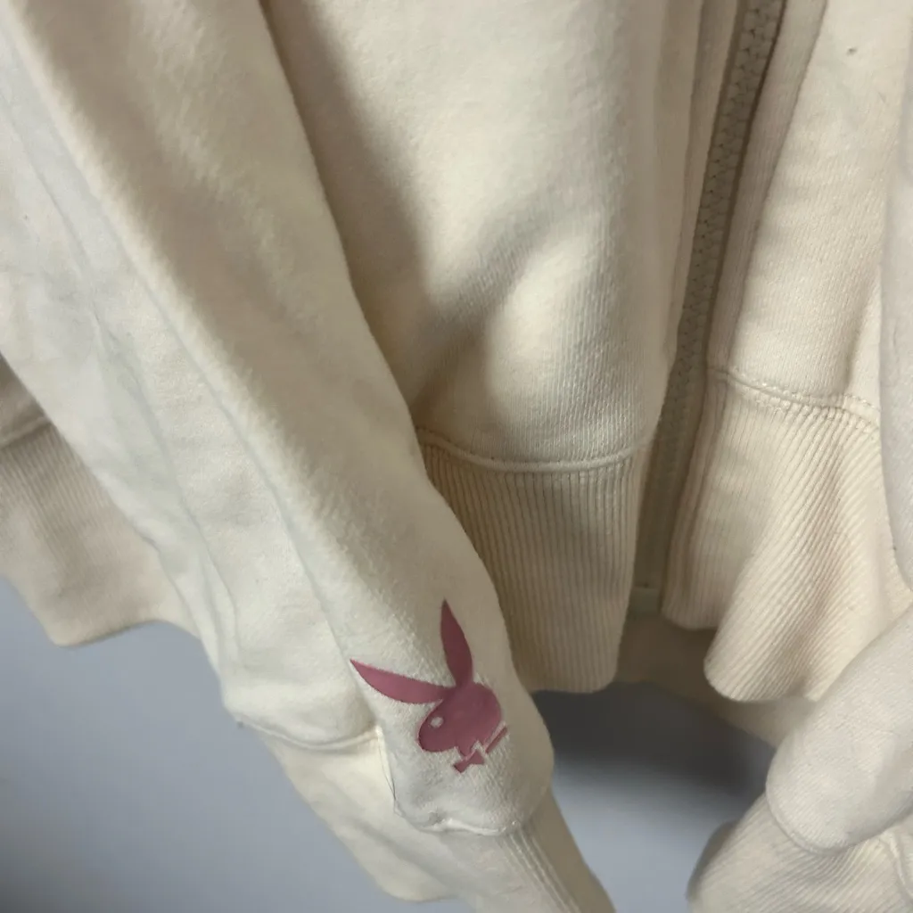 Pacsun Playboy Zip-Up Hoodie light yellow w pink bunny oversized medium - Image 4
