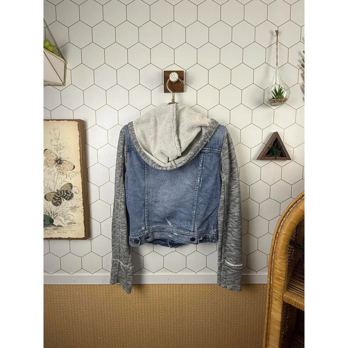 Free People Denim Jacket Gray Hoodie Sleeves with Detachable Hood - Size - Small - Image 4
