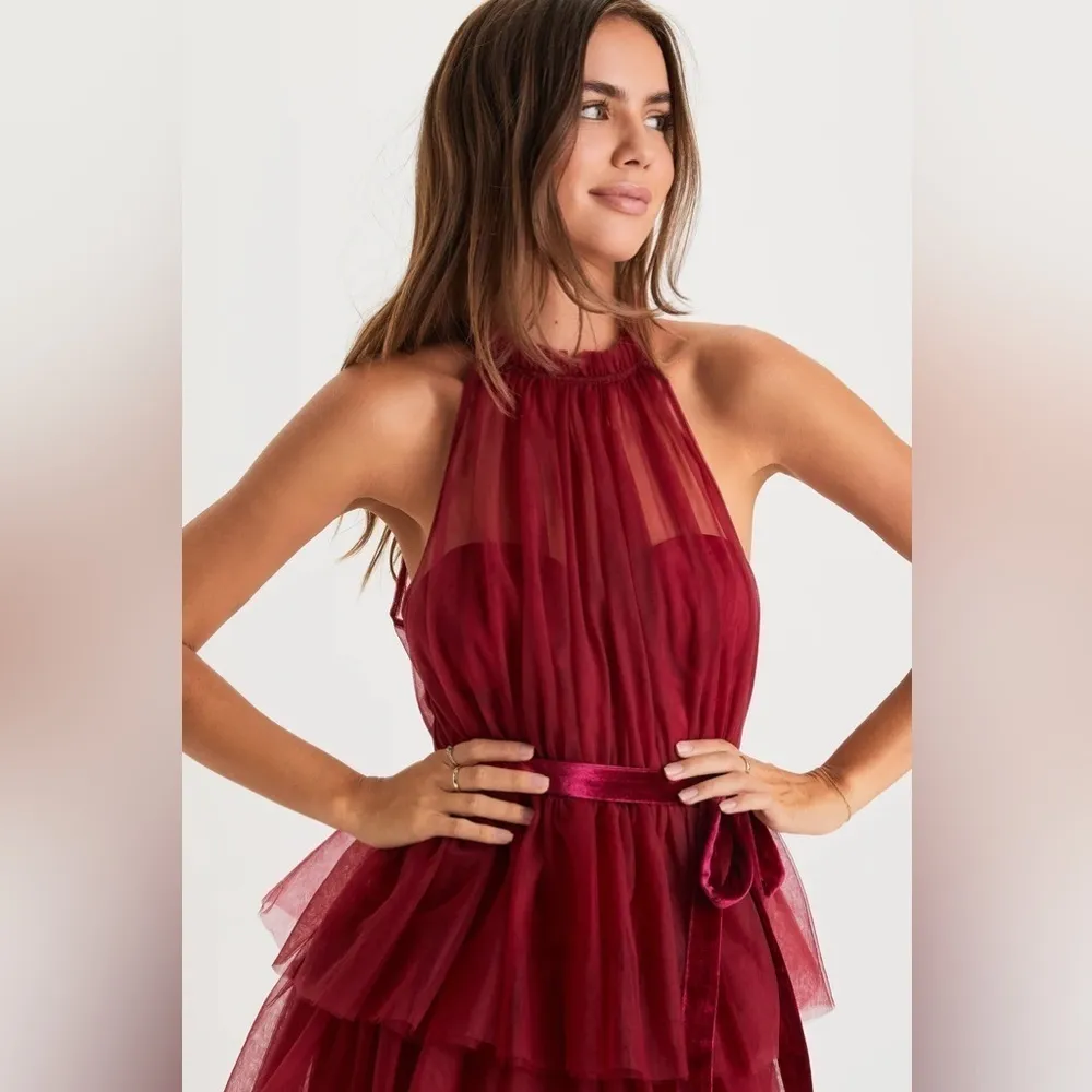 LULU’S Wondrous Glamour Wine Red Tulle Tiered Halter Midi Dress - Image 4
