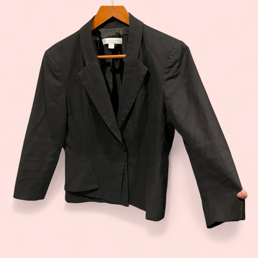 Cute NY&Co linen black lined blazer 3/4 sleeve 1/2 peplum ruffle Size 12 - Image 3