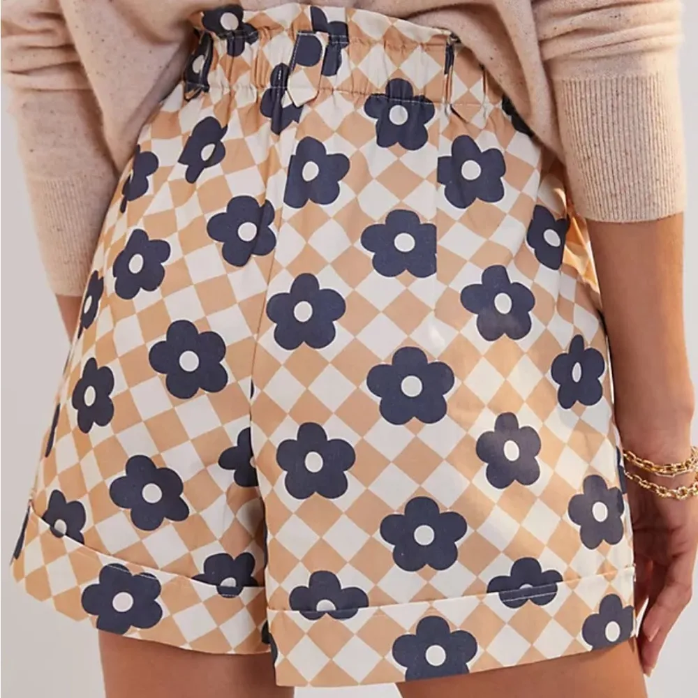 Maeve Beige Blue Floral High Waist Paper Bag Shorts 100% Cotton S - Image 8