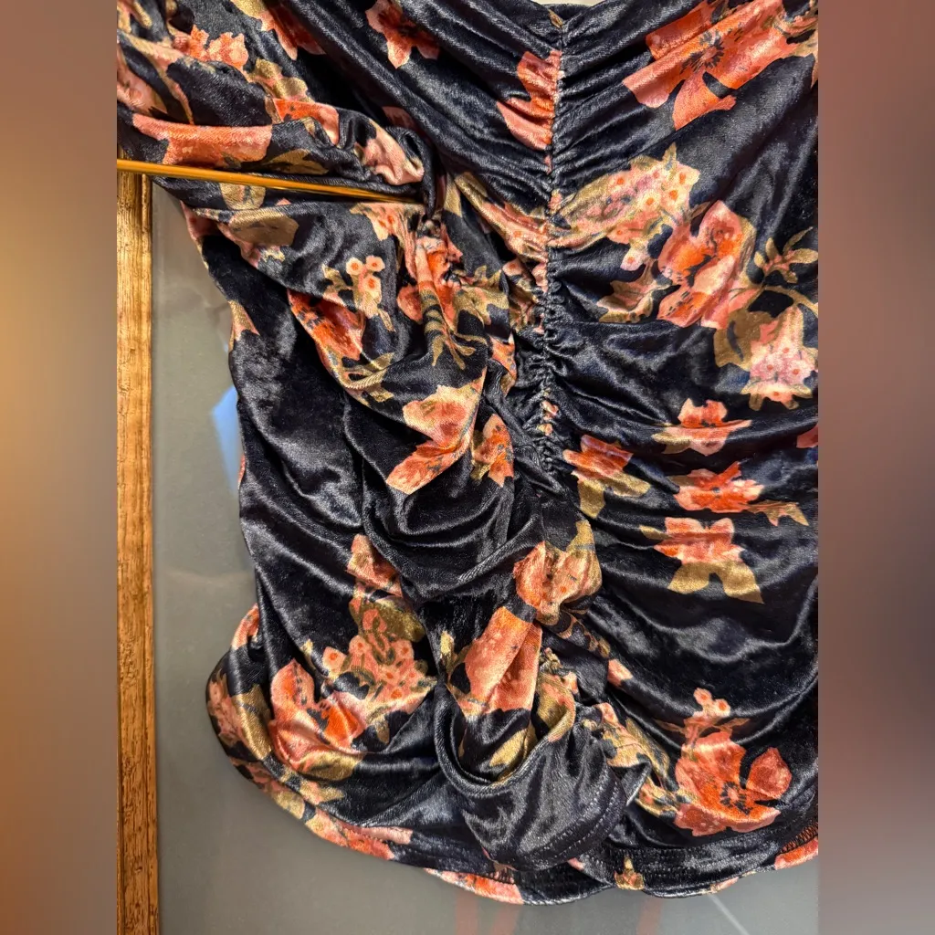 Free People Reina Ruched Floral Velvet Long Sleeve Off The Shoulder Top Blouse - Image 5