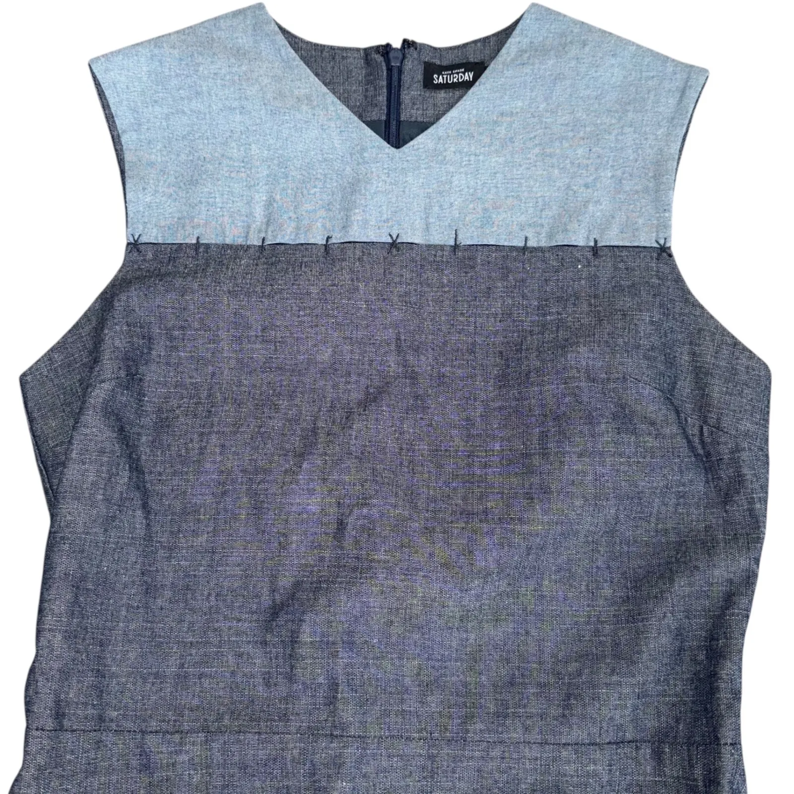 Kate Spade Saturday Dress Panel Embroidery V Neck Sleeveless Blue Cotton Size S‎ - Image 2