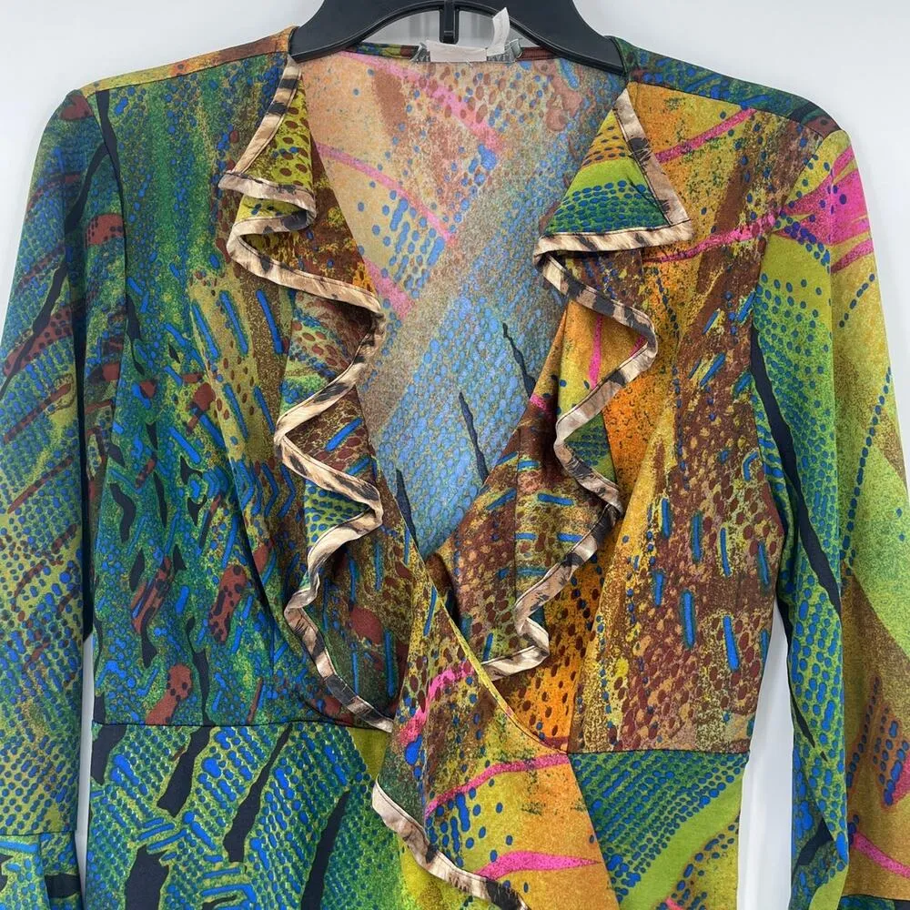 Alberto MakaIi Womens Babydoll Top Sz S Y2K Flare Sleeve Ruffle Boho Silky Glam - Image 5