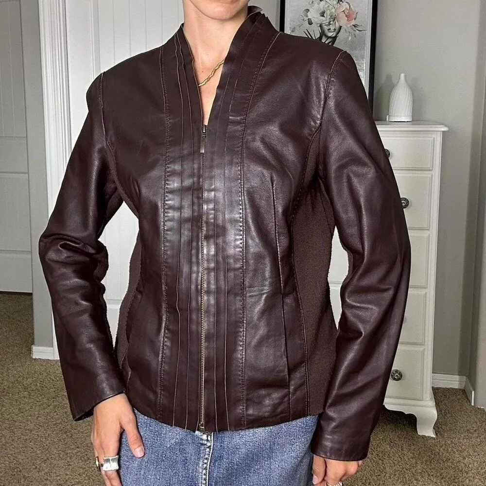 Brown leather ruffled paneled jacket with a boho vibe #leatherjacket - Image 4
