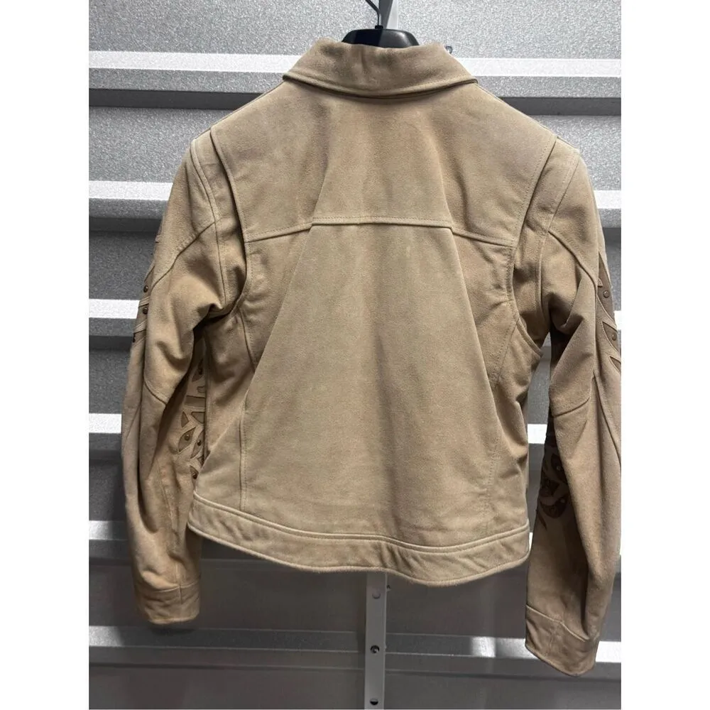 HARLEY DAVIDSON Cream SUEDE LEATHER CROP MOTORCYCLE RIDING JACKET Women's Size Tan Size M - Image 13