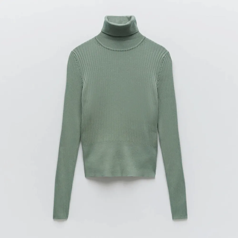 Zara Ribbed Knit Viscose Fitted Dark Green High Neck Long Sleeve Sweater Size M - Image 2