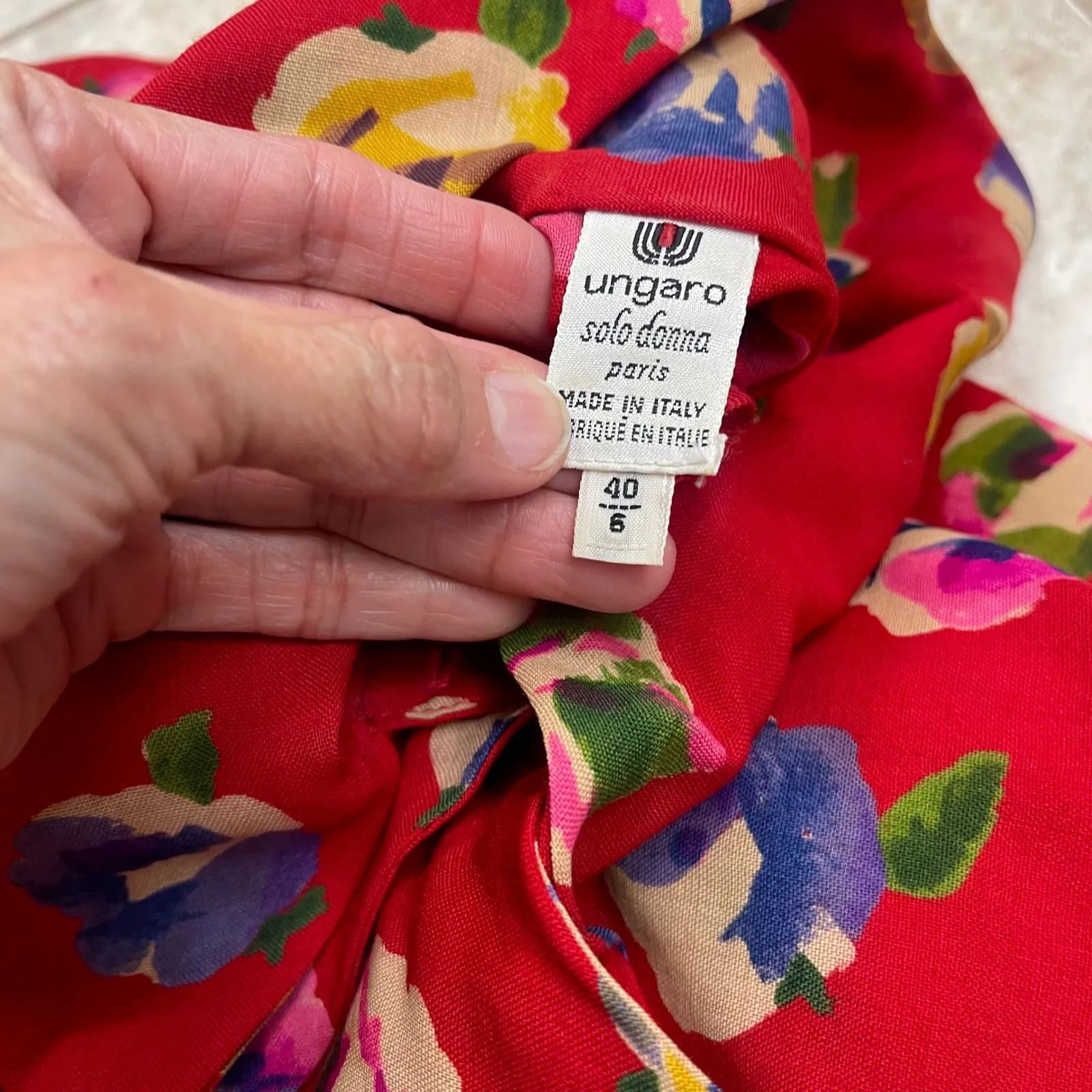 Emanuel UNGARO VTG wool Red Floral Dress Puff Sleeve Mock Neck Midi Knee Size 6 - Image 10