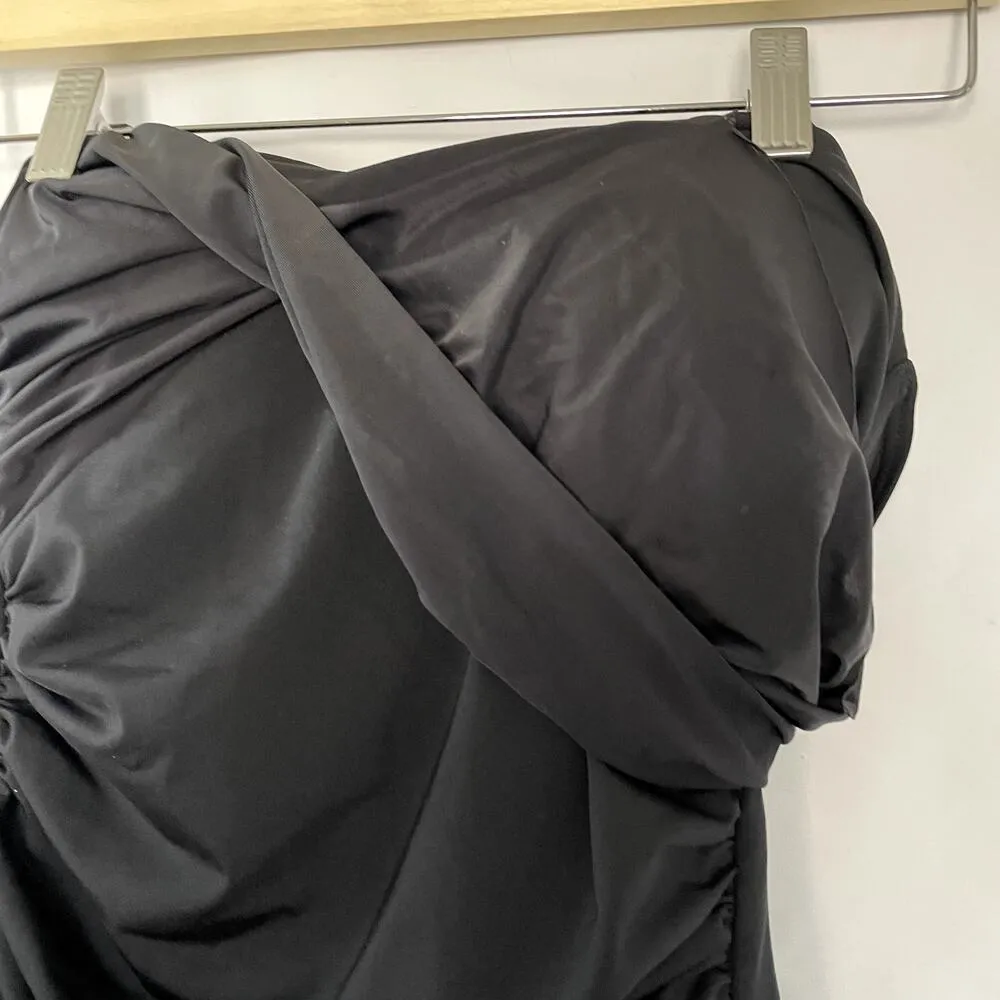 Kenneth Cole NY black strapless one piece swimsuit casual ruched waist open back - Image 2