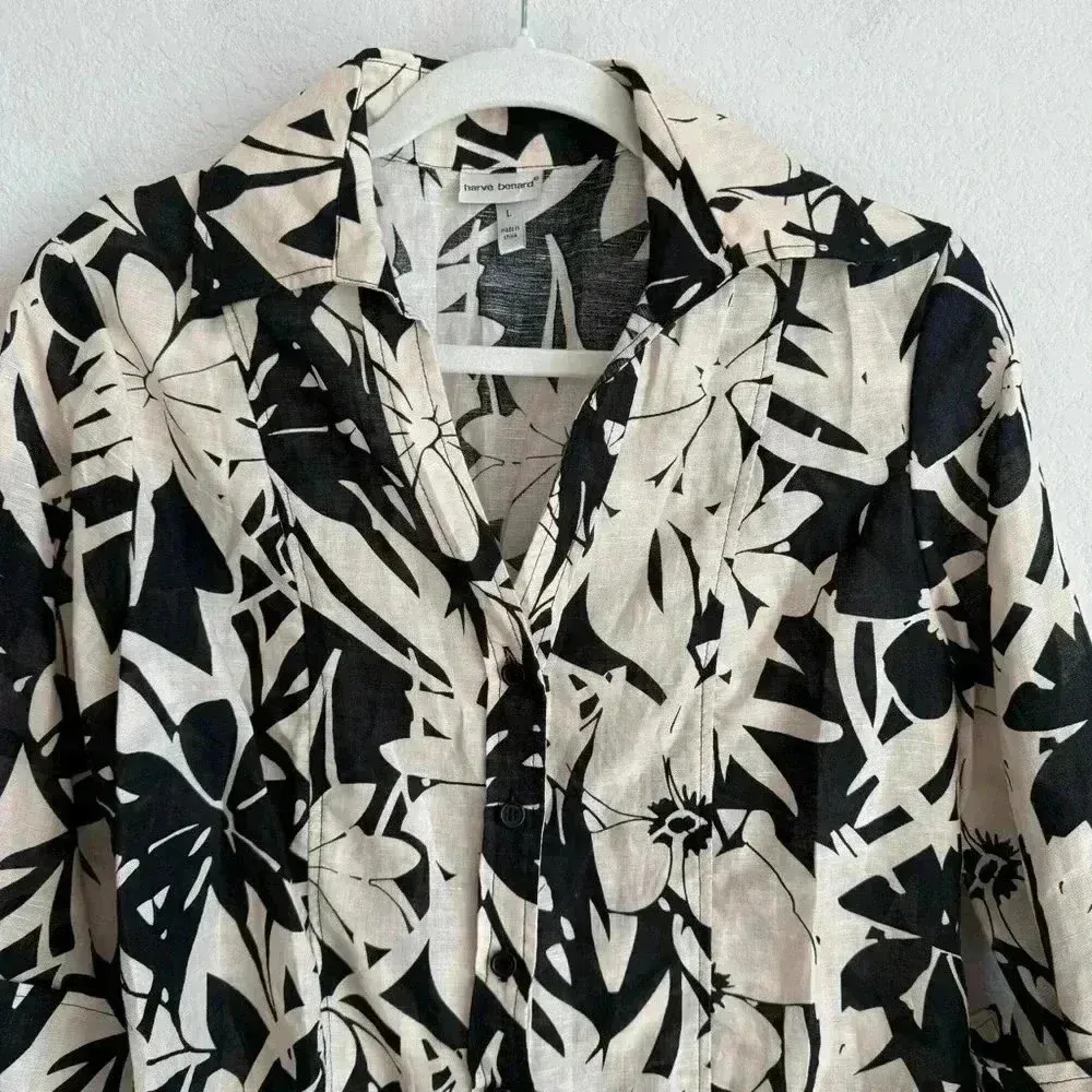 Harve Benard Woman's Black‎ Beige Floral Linen Blend Button Up Blouse Size L - Image 5