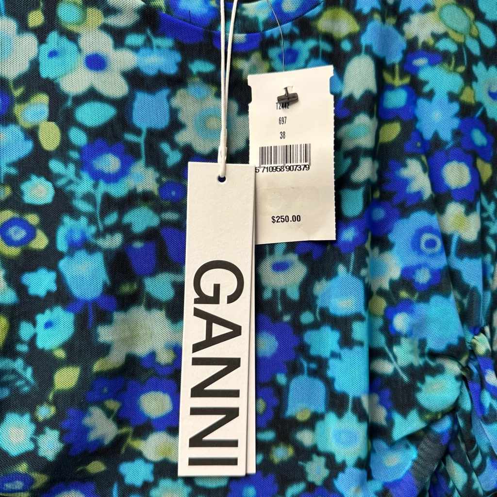 NEW Ganni Floral Print Mesh Short Sleeve Mini Dress Ruched Azure Blue EU 38 $250 - Image 8