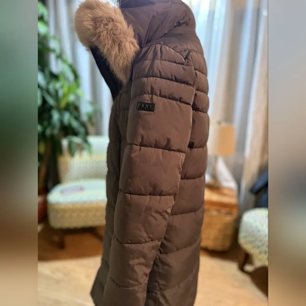DKNY Faux-Fur-Trim Hooded Puffer Coat S Gray Size XS - Image 7